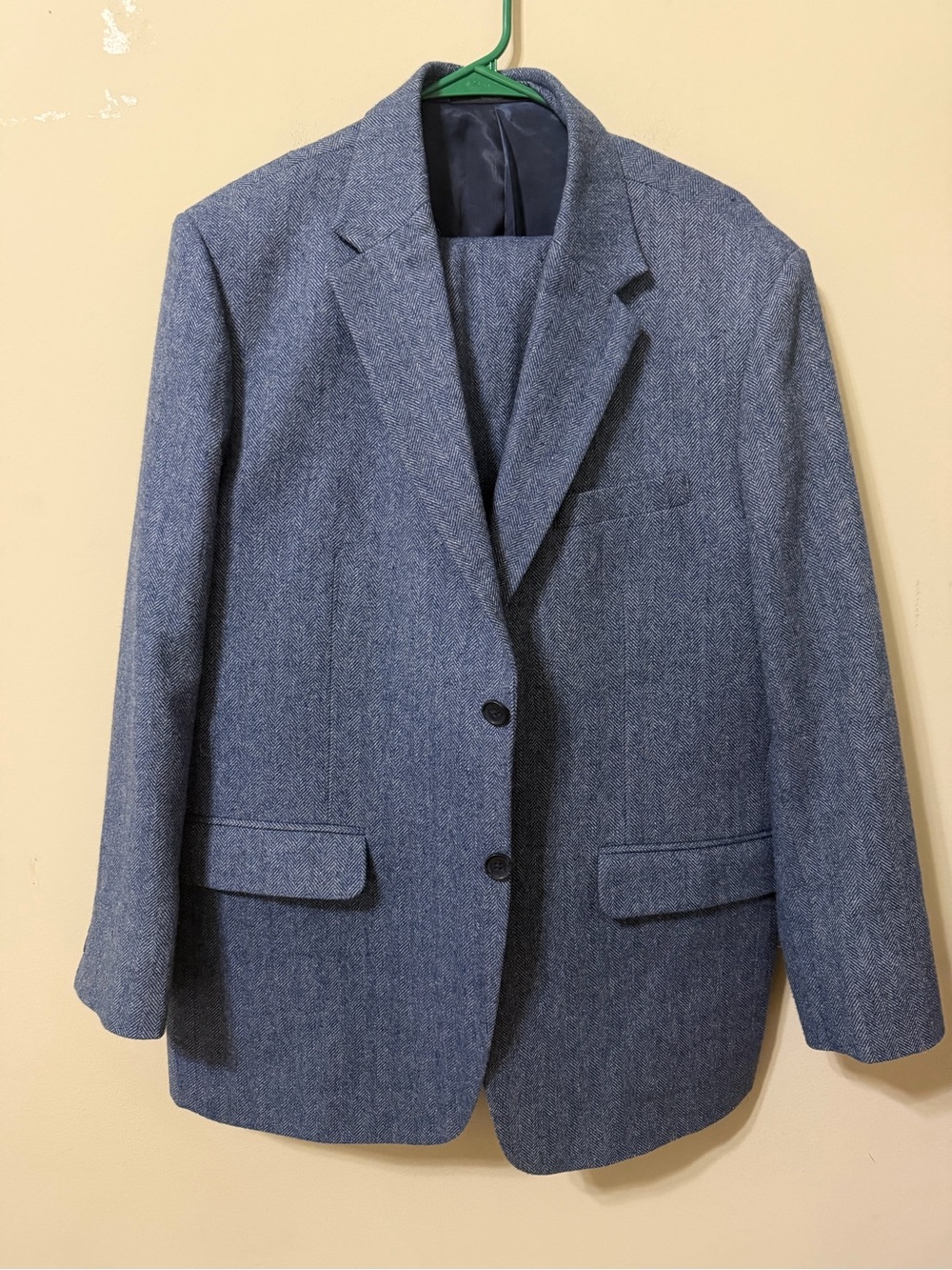 Studiosuits Blue Herringbone 46s tweed suit coat and pants handcrafted euc chic